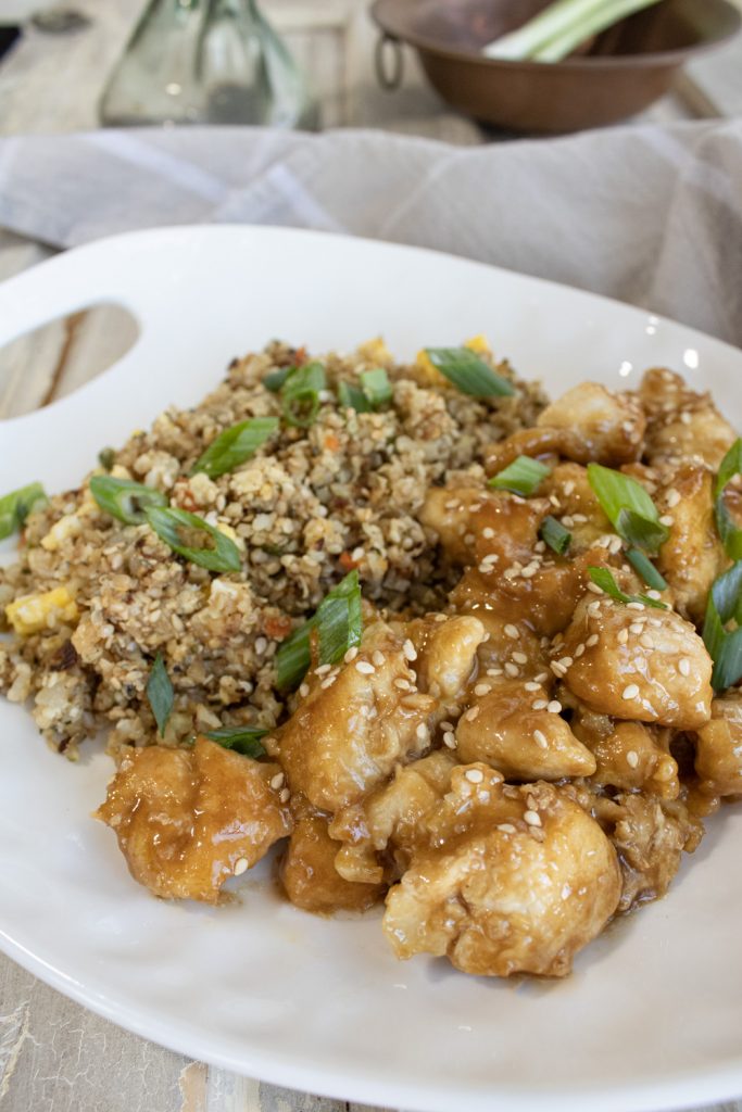 sesame chicken and fried rice