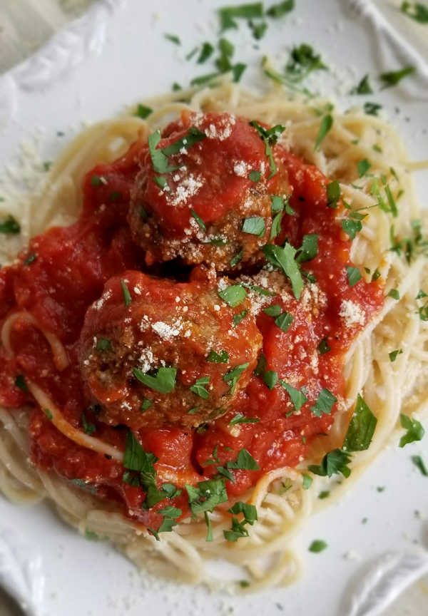 Overhead of meatballs and pasta