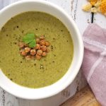 broccoli soup in bowl with chickpeas