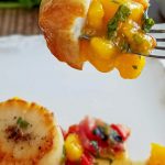 scallop and salsa on fork