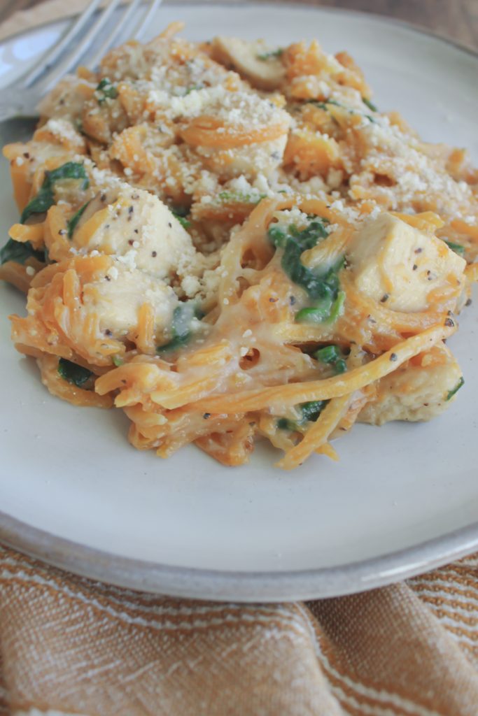 butternut squash pasta on plate with fork