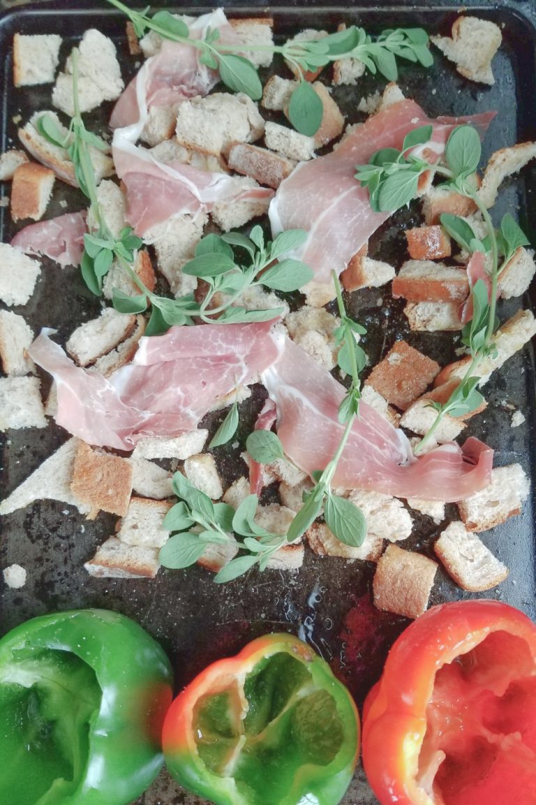 bread, prosciutto, oregano and peppers
